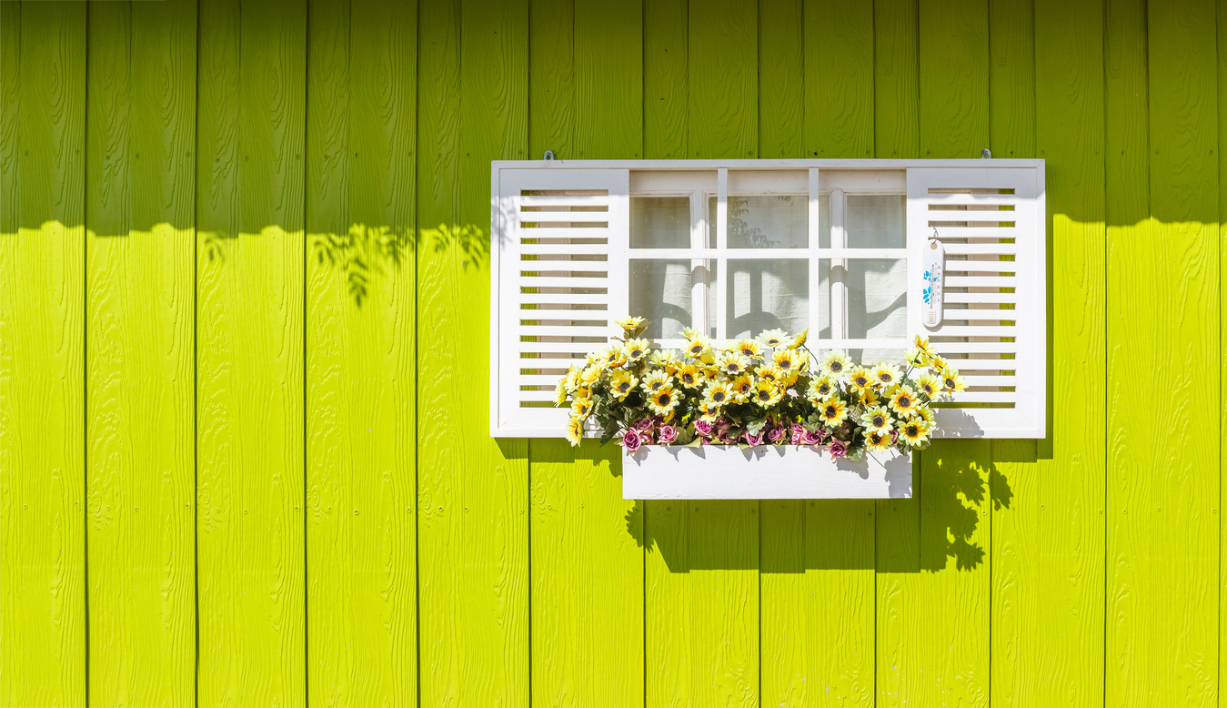 White window and wooden yellow walls in a Moraga, CA home